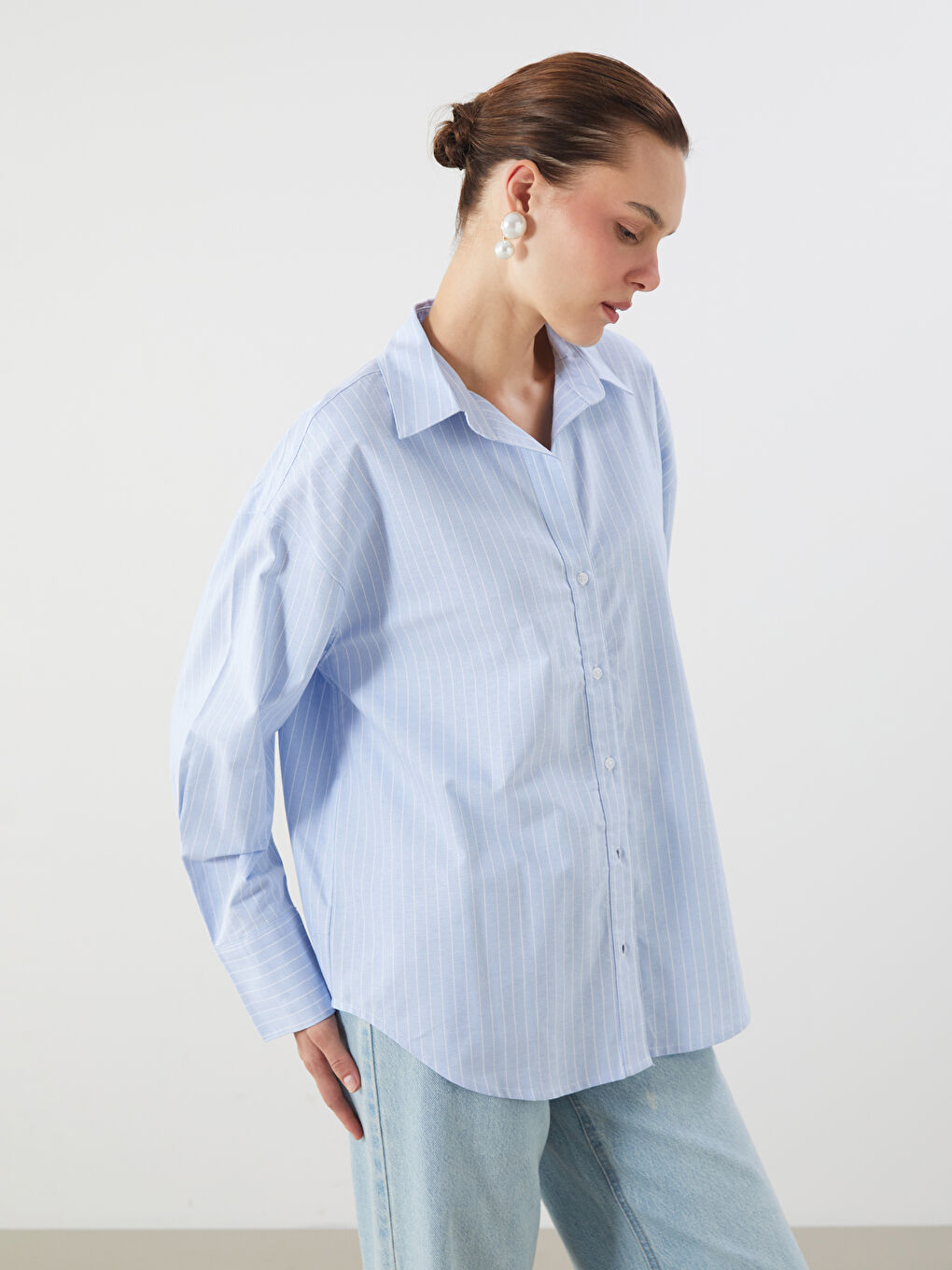 LCW Vision Striped Oversize Oxford Women's Shirt -W59143Z8-LEN