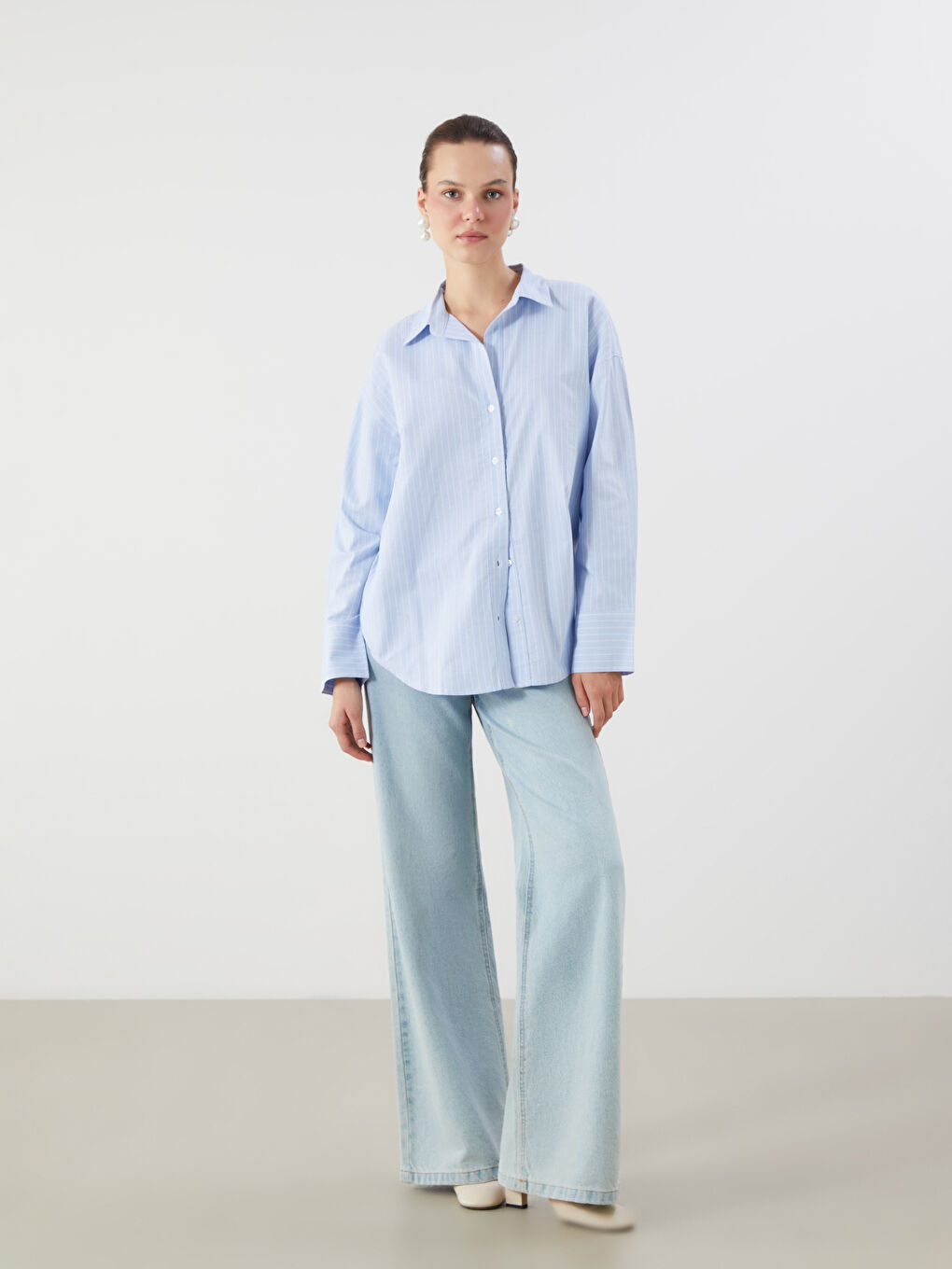 LCW Vision Striped Oversize Oxford Women's Shirt -W59143Z8-LEN