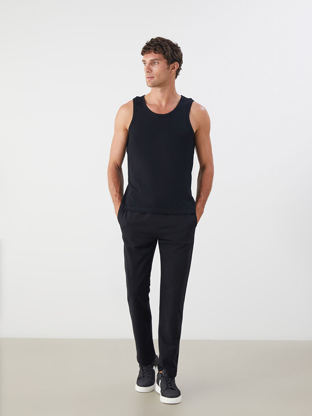 Siyah U Yaka Penye Erkek Fitilli Atlet 2'li-2