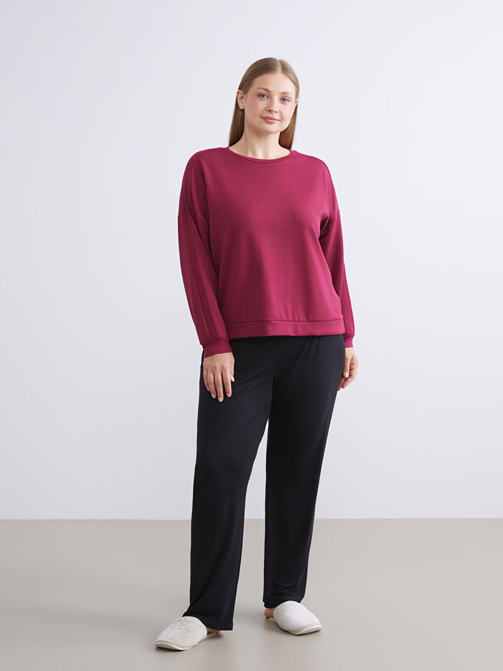 Bordo Bisiklet Yaka Oversize Kadın Pijama Üstü-5