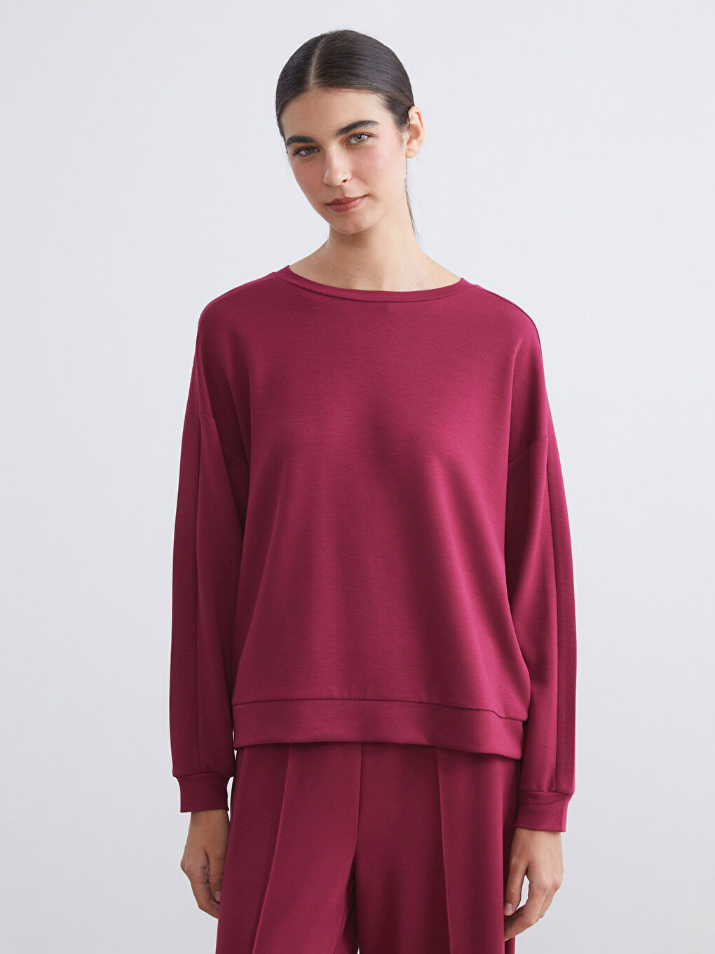 Bordo Bisiklet Yaka Oversize Kadın Pijama Üstü