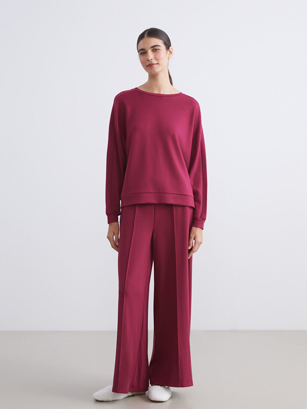 Bordo Bisiklet Yaka Oversize Kadın Pijama Üstü-2