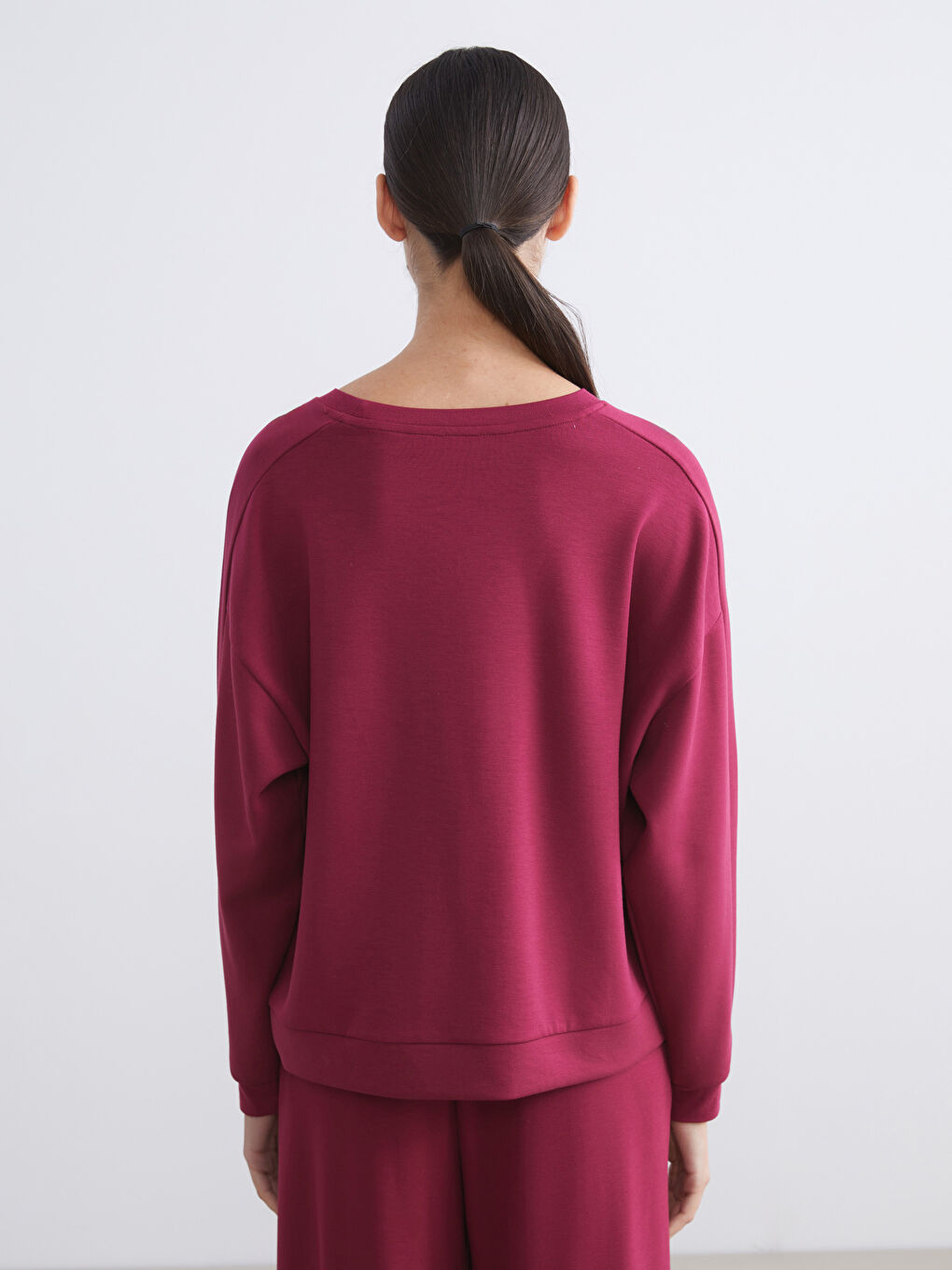 Bordo Bisiklet Yaka Oversize Kadın Pijama Üstü-4