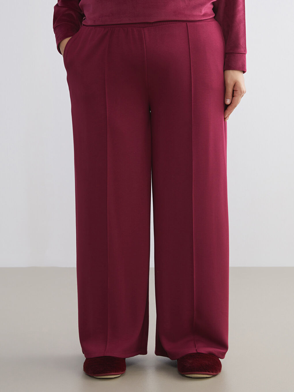 Bordo Beli Lastikli Kadın Pijama Altı-5