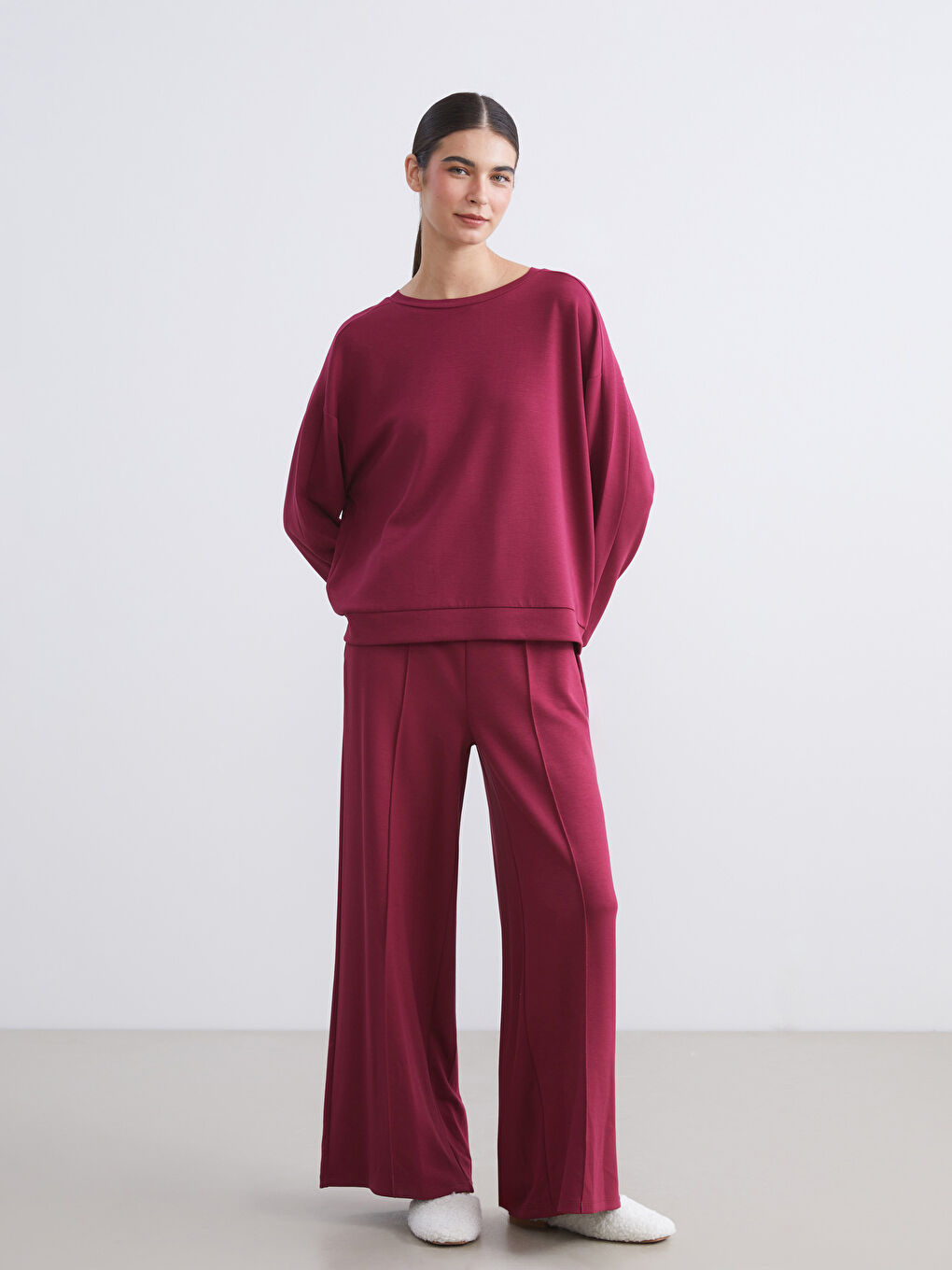 Bordo Beli Lastikli Kadın Pijama Altı