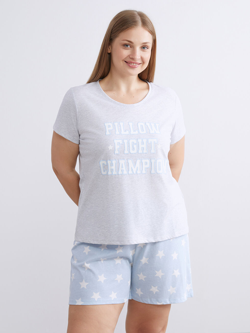 Gri Bisiklet Yaka Baskılı Kadın Pijama Üst-1