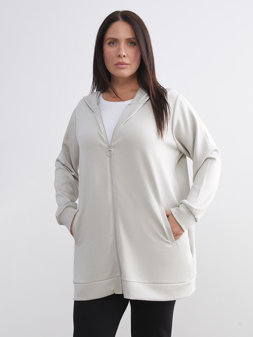 Gri Kapüşonlu Oversize Kadın Fermuarlı Sweatshirt-2