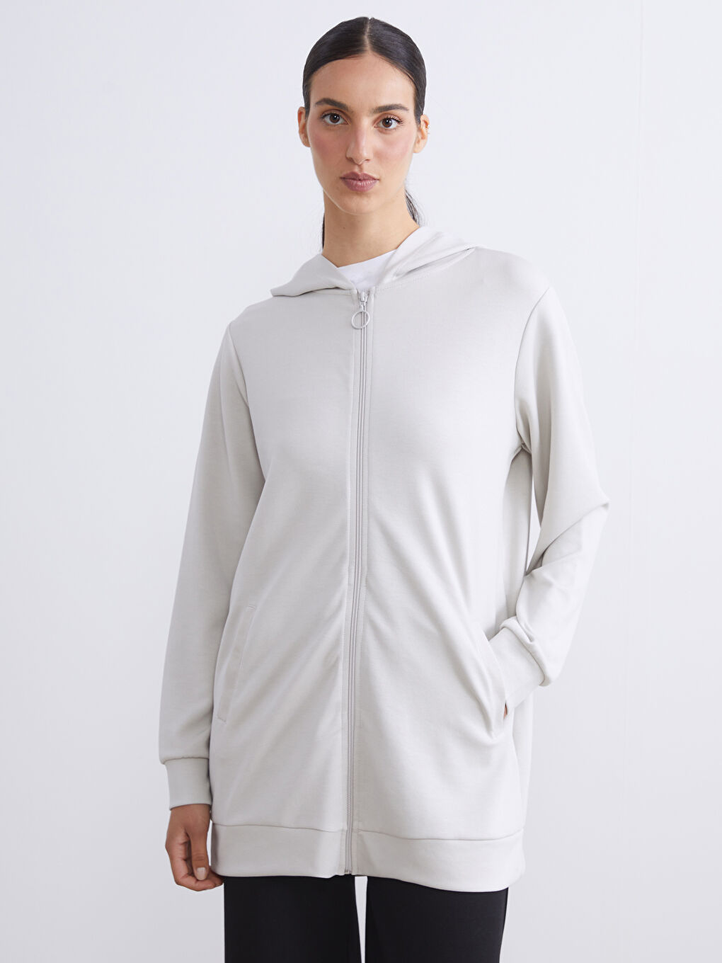 Gri Kapüşonlu Oversize Kadın Fermuarlı Sweatshirt