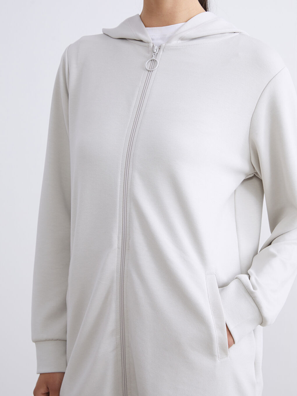 Gri Kapüşonlu Oversize Kadın Fermuarlı Sweatshirt-6