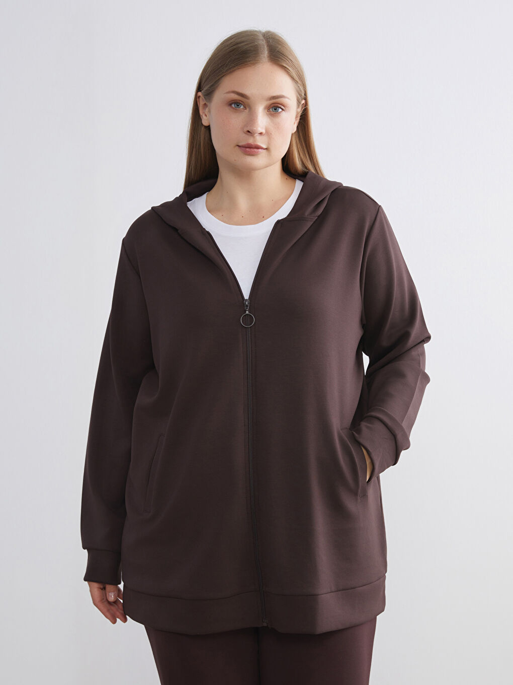 Kahverengi Kapüşonlu Oversize Kadın Fermuarlı Sweatshirt-1