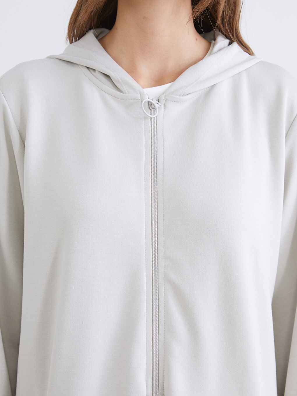 Gri Kapüşonlu Oversize Kadın Fermuarlı Sweatshirt-5