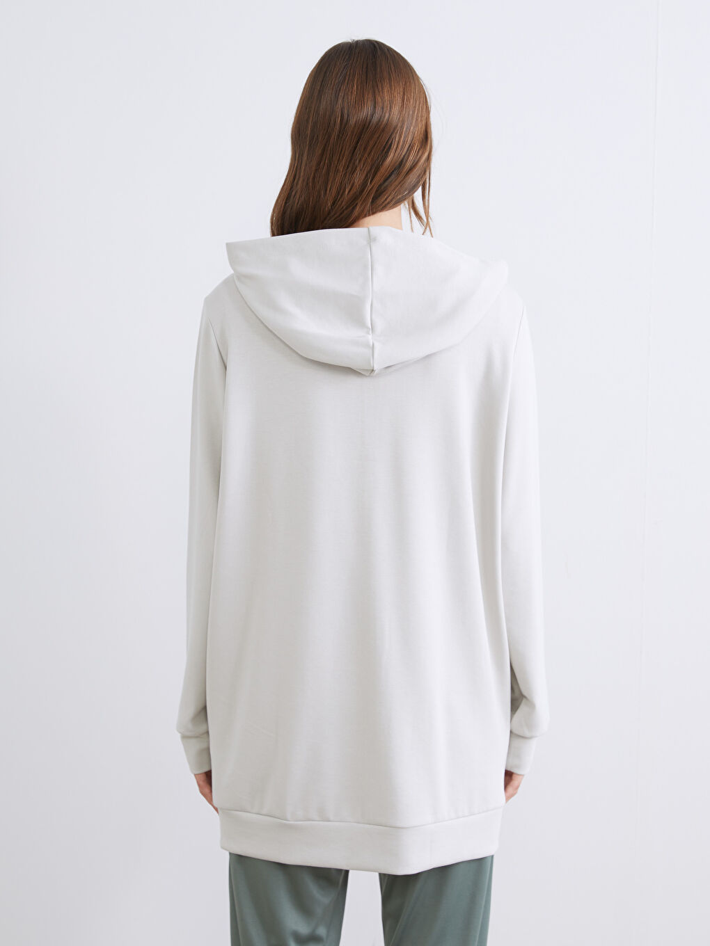 Gri Kapüşonlu Oversize Kadın Fermuarlı Sweatshirt-7