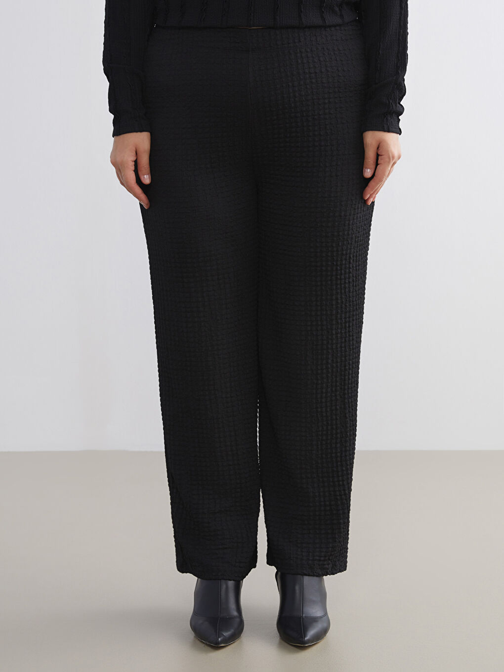 әйелдерге арналған серпімді белдік рельефті трикотаж кең балақ шалбар-9