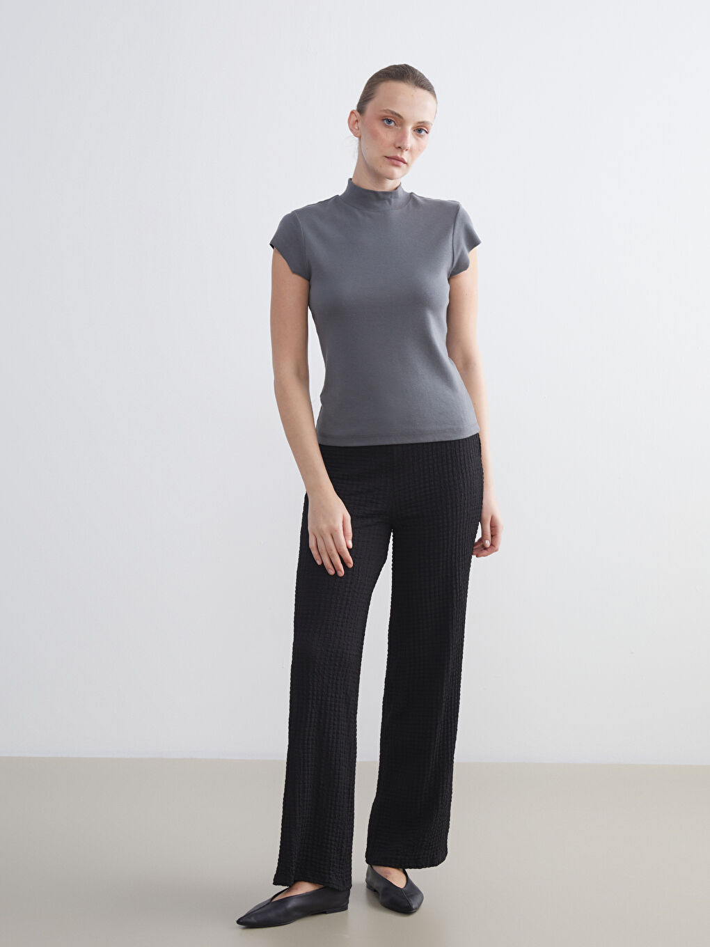 әйелдерге арналған серпімді белдік рельефті трикотаж кең балақ шалбар