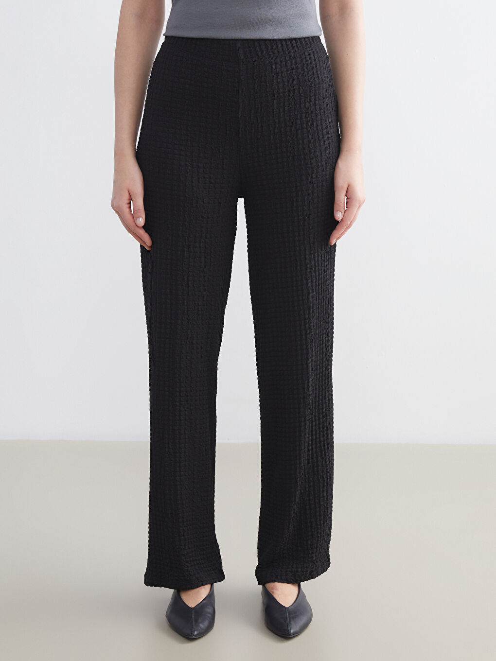 әйелдерге арналған серпімді белдік рельефті трикотаж кең балақ шалбар-4