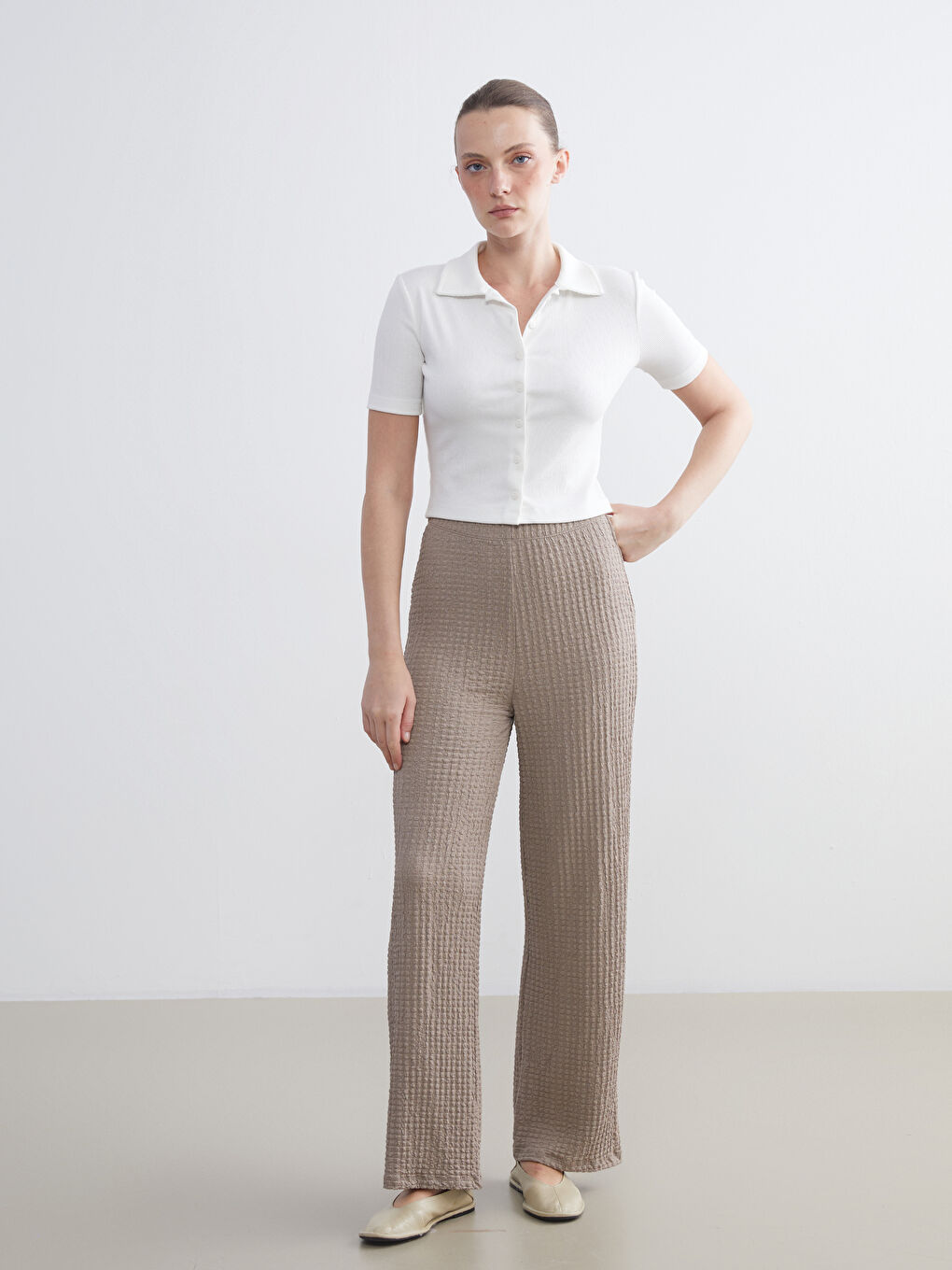LCWAIKIKI Classic Elasticated Waist Textured Wide Leg Women's Trousers -W59381Z8-GQF