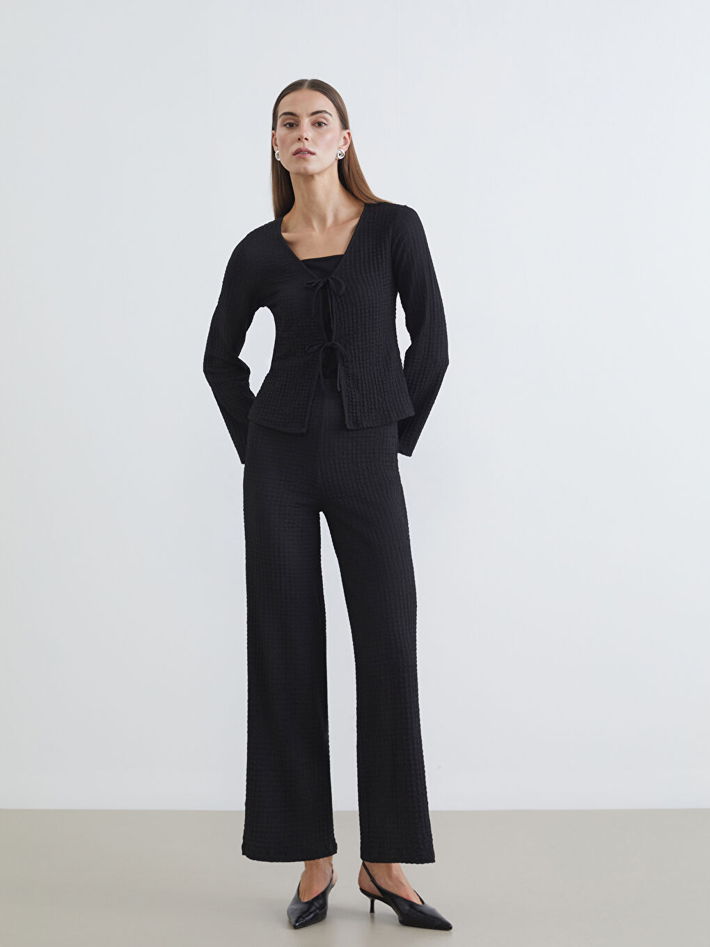 әйелдерге арналған серпімді белдік рельефті трикотаж кең балақ шалбар-1