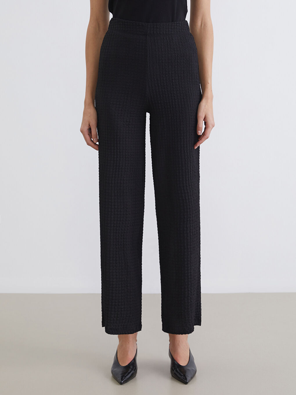 әйелдерге арналған серпімді белдік рельефті трикотаж кең балақ шалбар-3