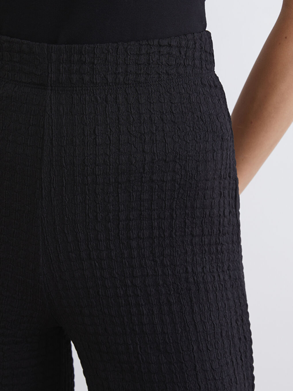 әйелдерге арналған серпімді белдік рельефті трикотаж кең балақ шалбар-5