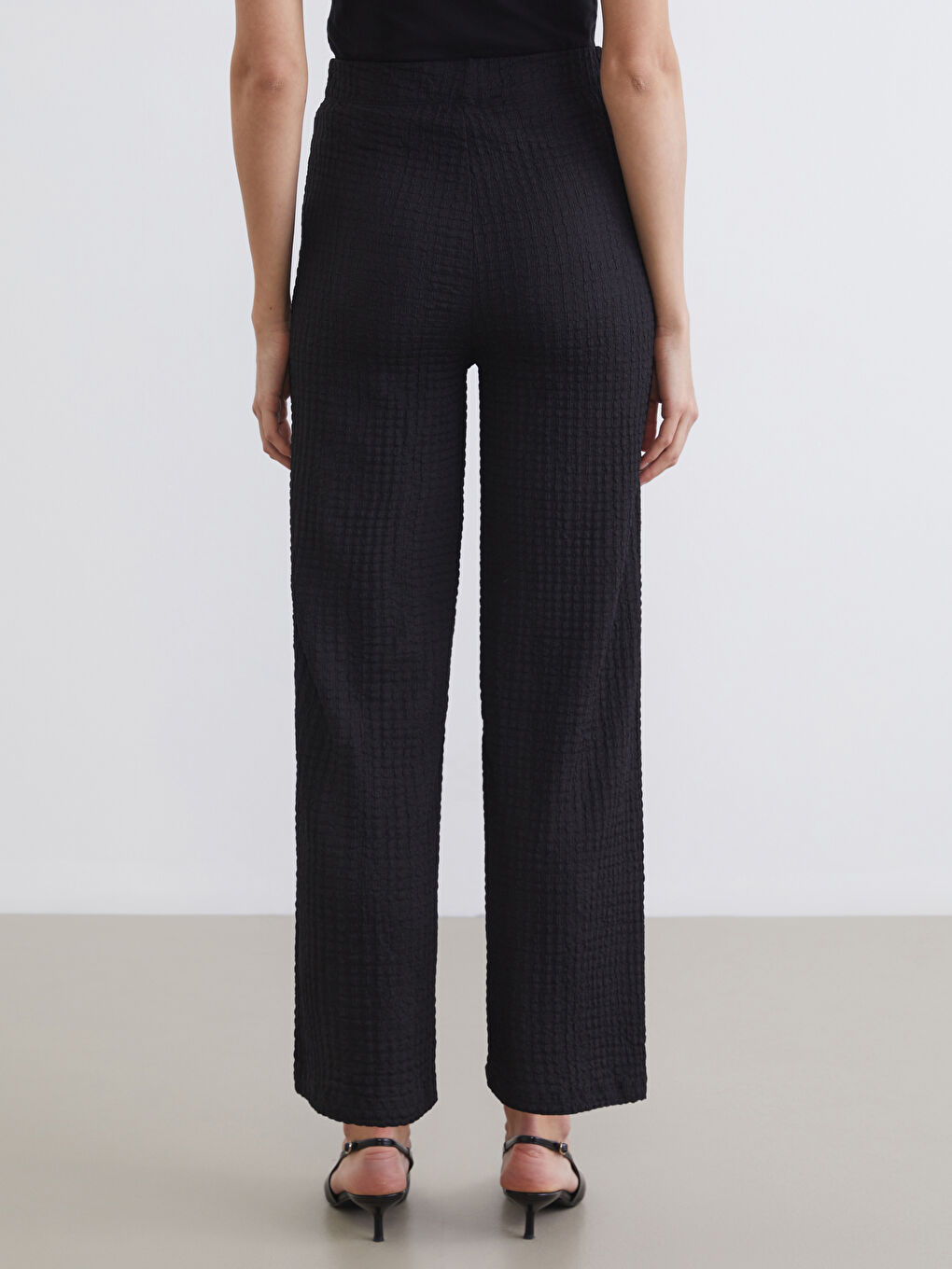 әйелдерге арналған серпімді белдік рельефті трикотаж кең балақ шалбар-7