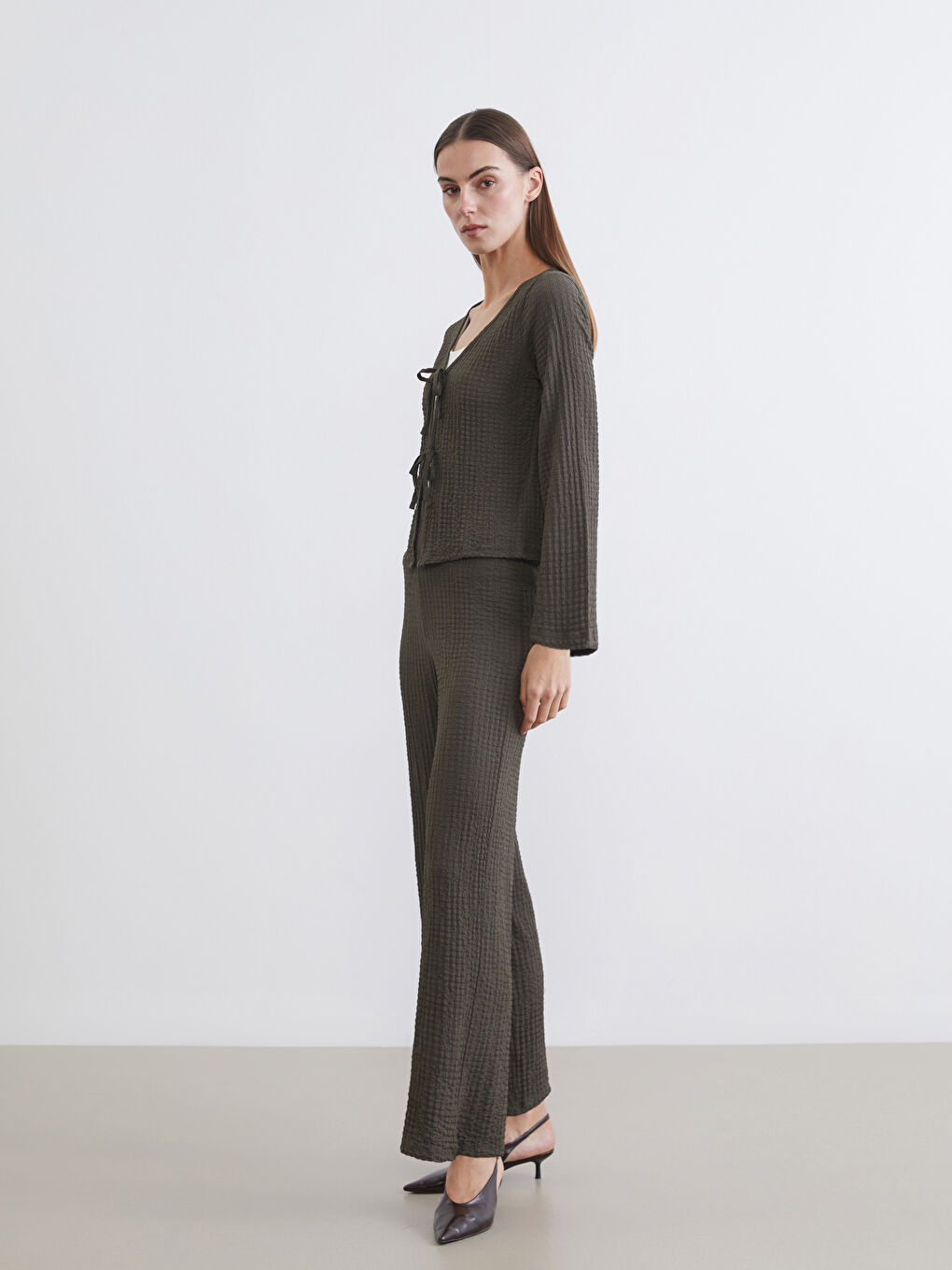 Elasticated Waist Textured Wide Leg Women's Trousers