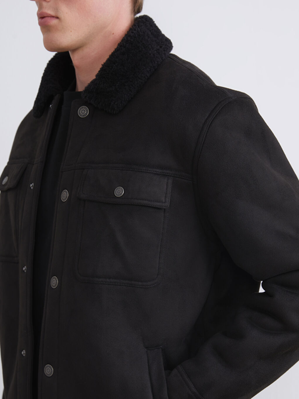 Standard Fit Collared Neck Suede Men's Coat-3