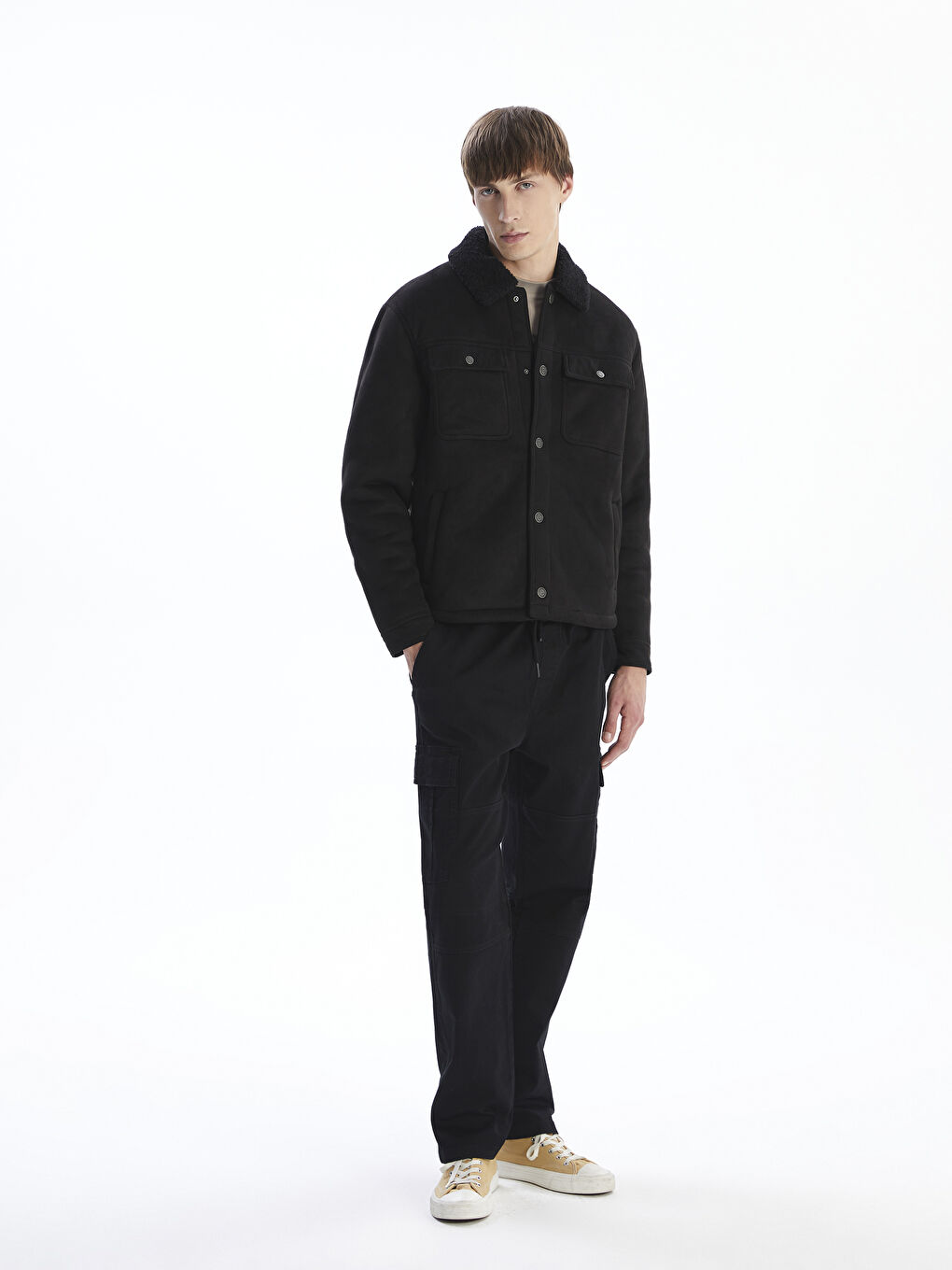 Siyah Standart Kalıp Kürk Yaka Süet Erkek Mont-1