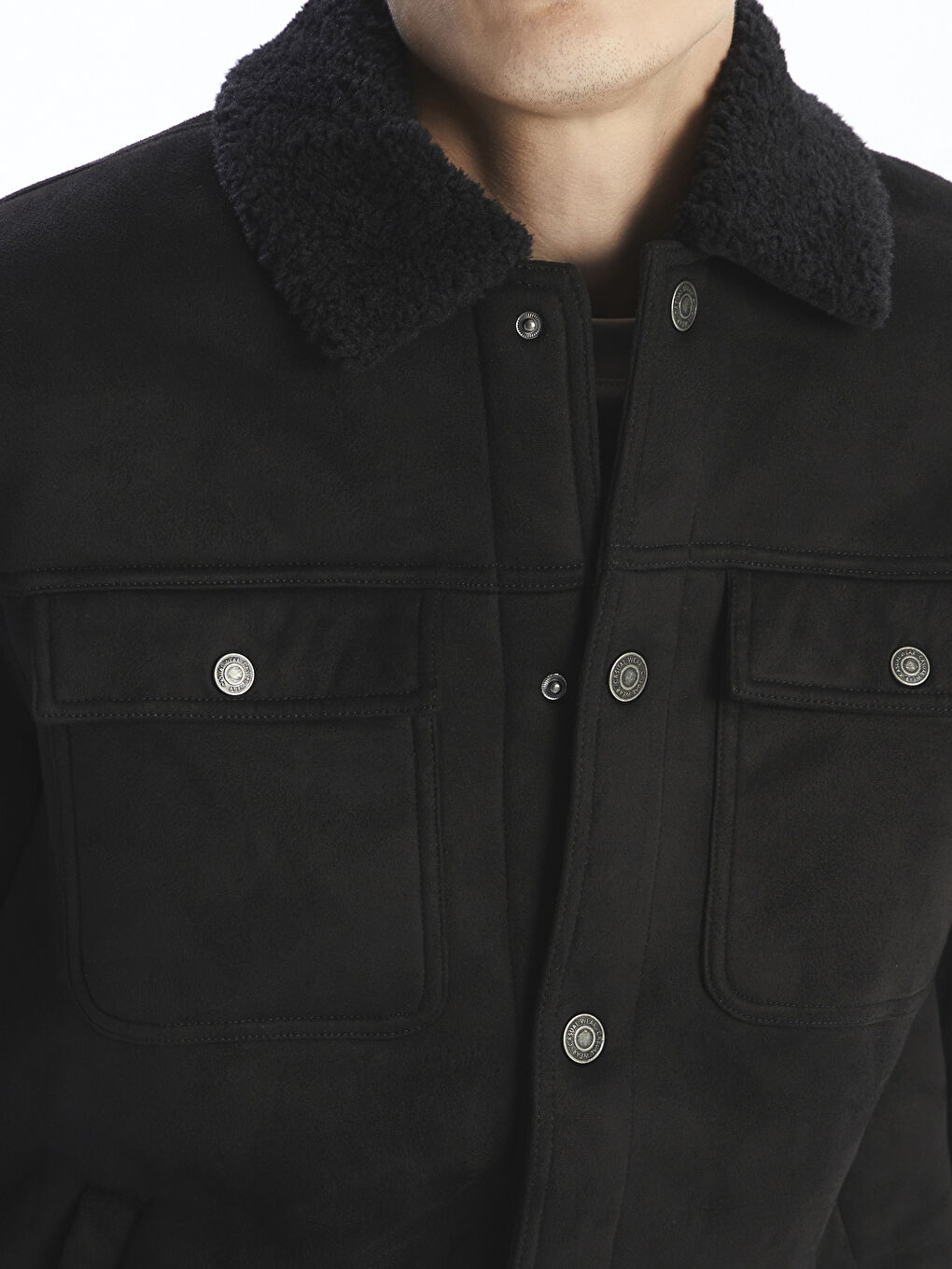 Siyah Standart Kalıp Kürk Yaka Süet Erkek Mont-2