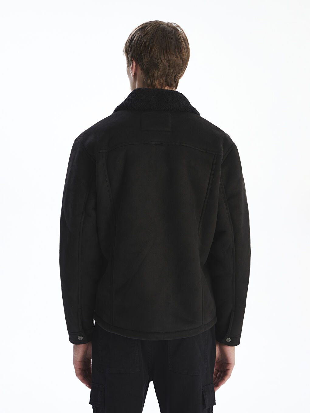 Siyah Standart Kalıp Kürk Yaka Süet Erkek Mont-4