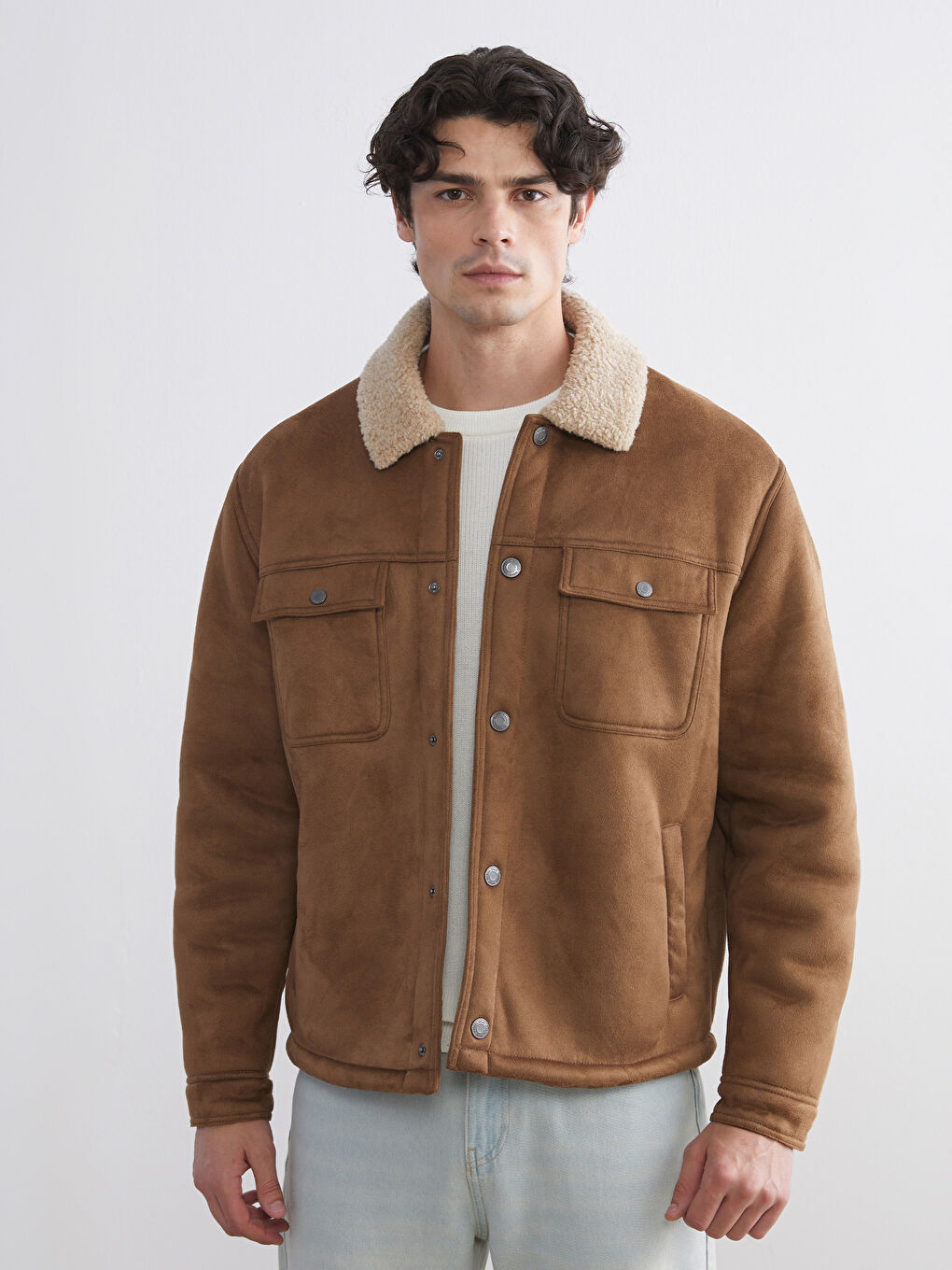 Kahverengi Standart Kalıp Kürk Yaka Süet Erkek Mont