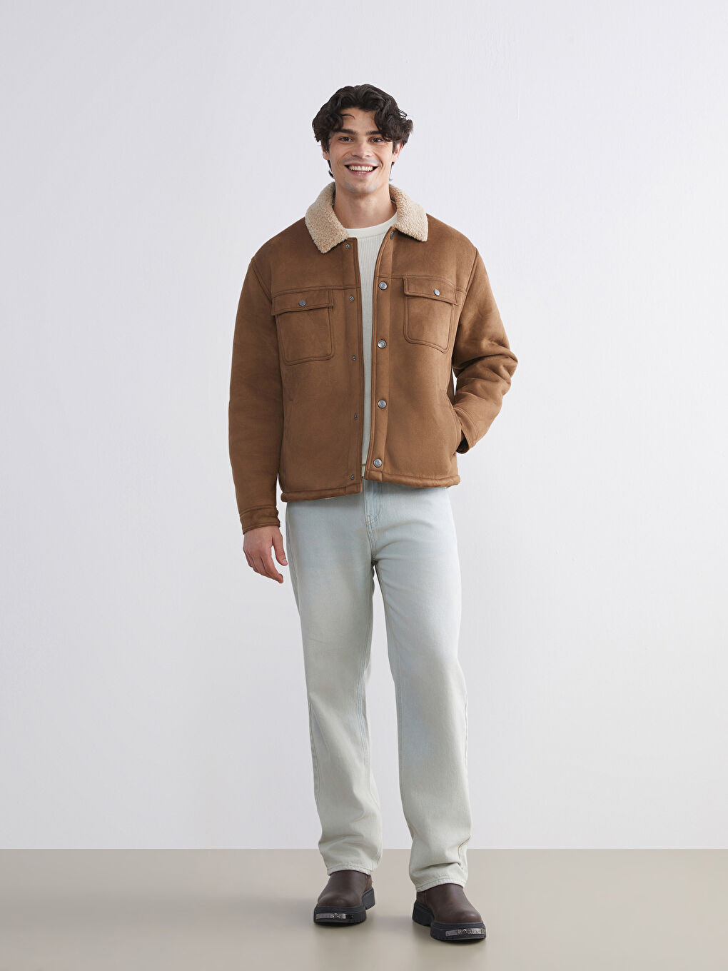 Kahverengi Standart Kalıp Kürk Yaka Süet Erkek Mont-1