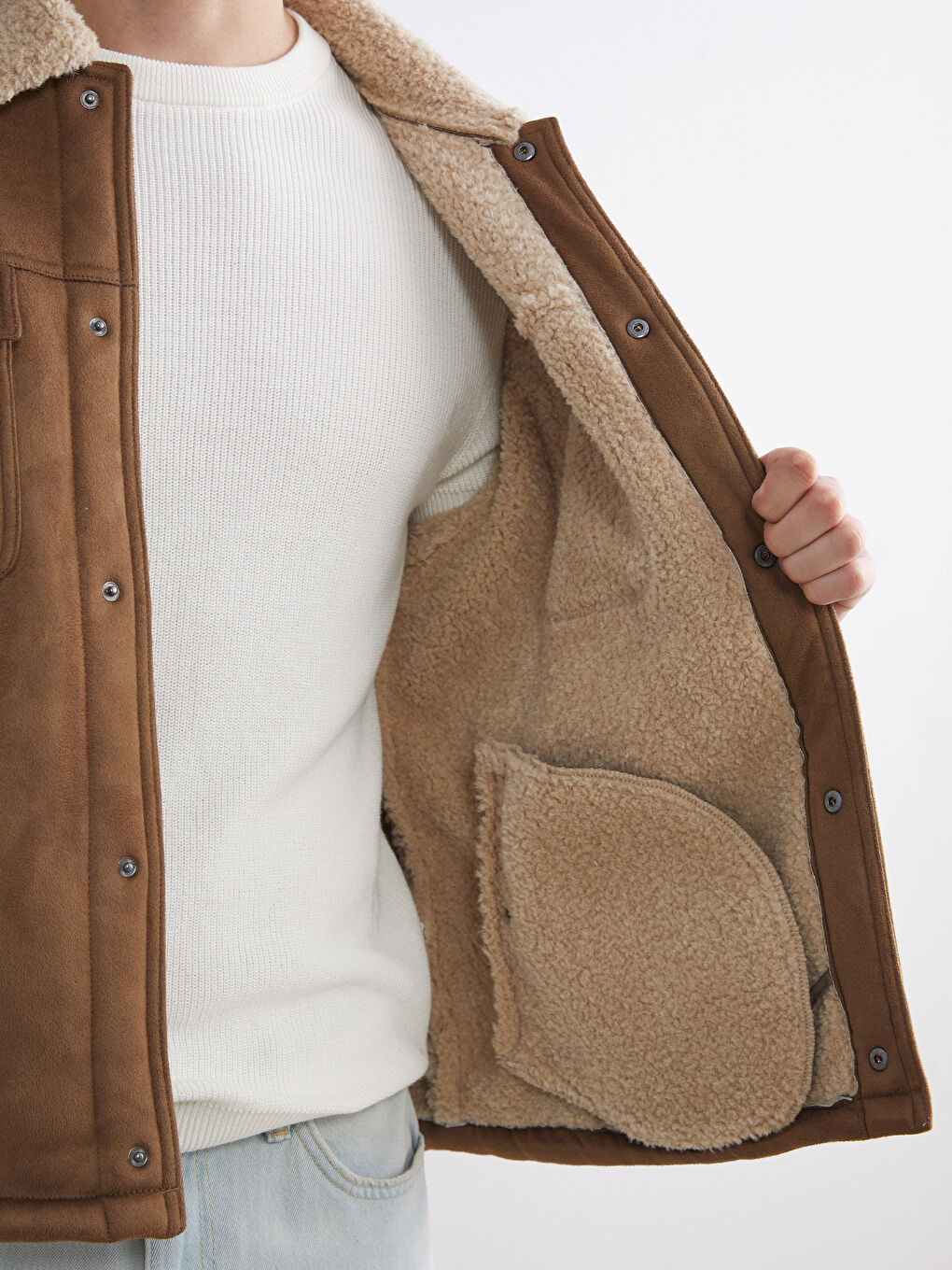 Kahverengi Standart Kalıp Kürk Yaka Süet Erkek Mont-3