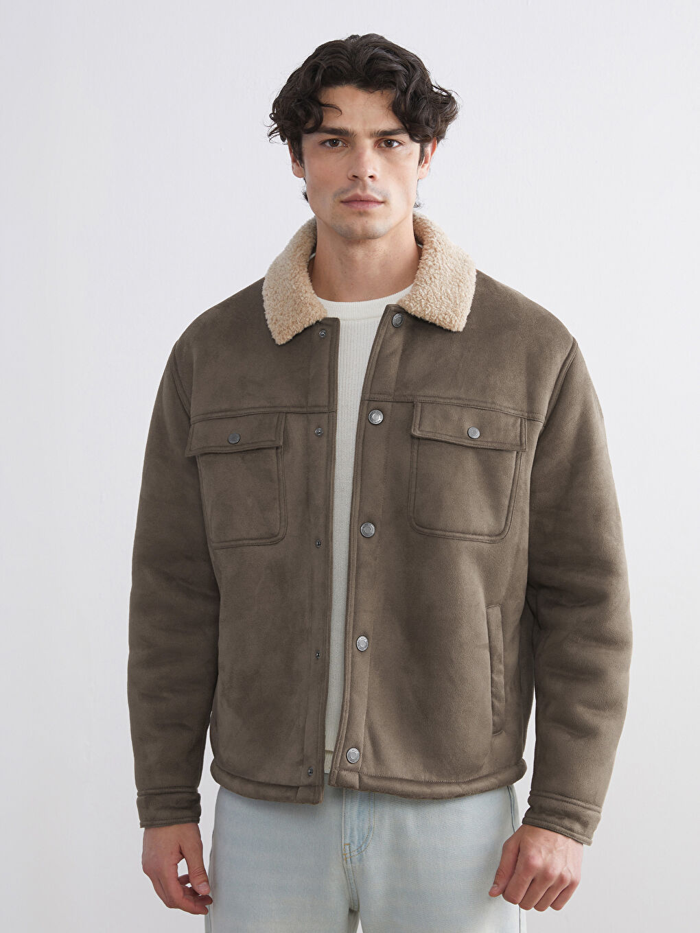 Regular Fit Faux Fur Collar Suede Men's Coat