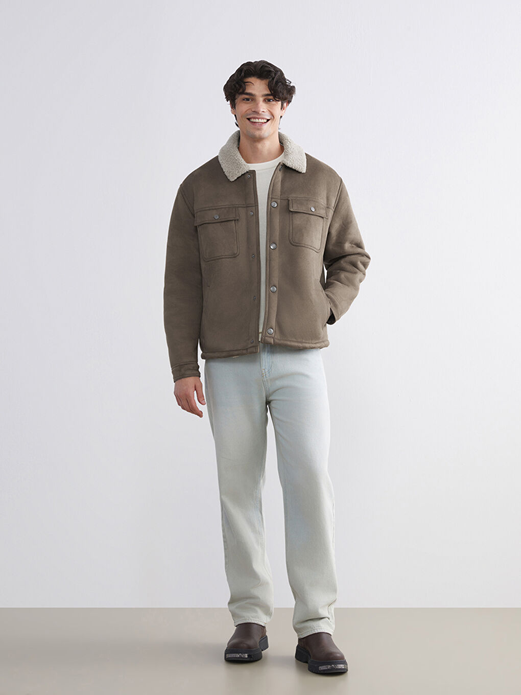 Regular Fit Faux Fur Collar Suede Men's Coat-1