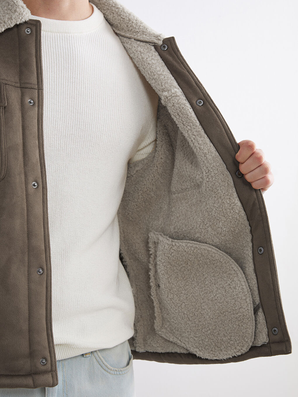 Regular Fit Faux Fur Collar Suede Men's Coat-3