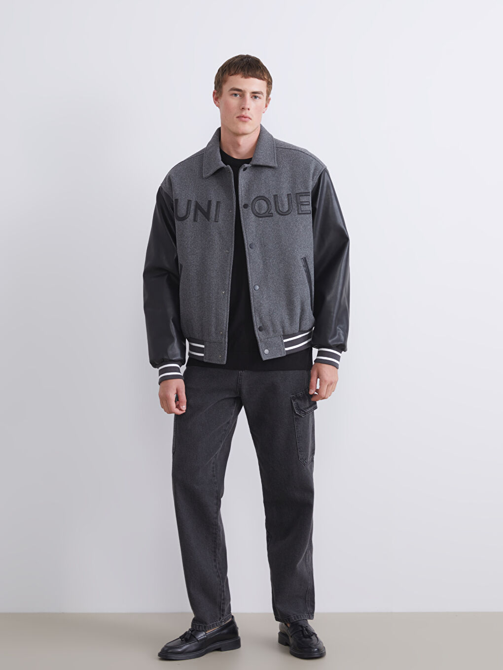 Gri Kolları Deri Detaylı Gömlek Yaka Erkek Mont-1