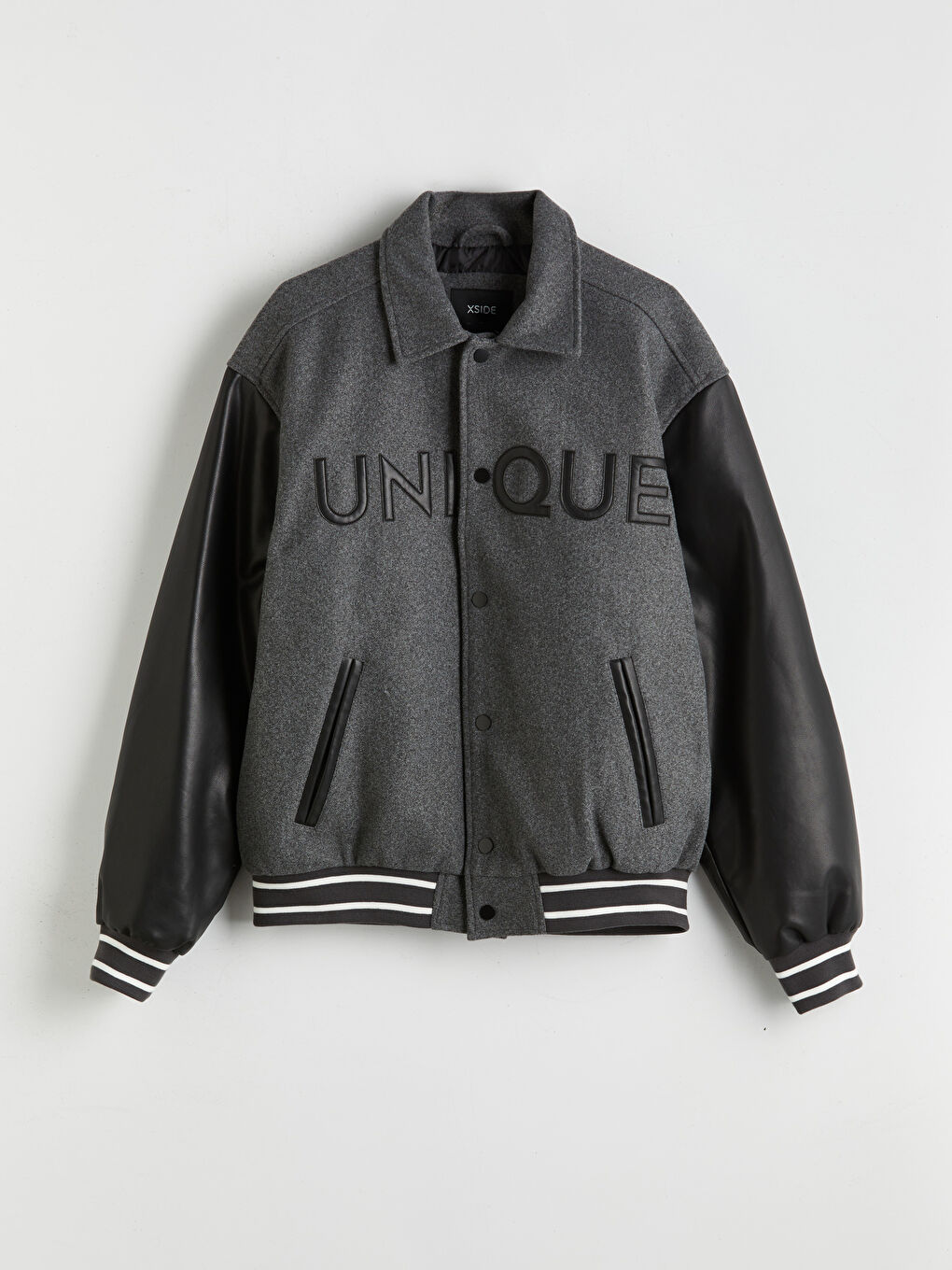 Gri Kolları Deri Detaylı Gömlek Yaka Erkek Mont-5