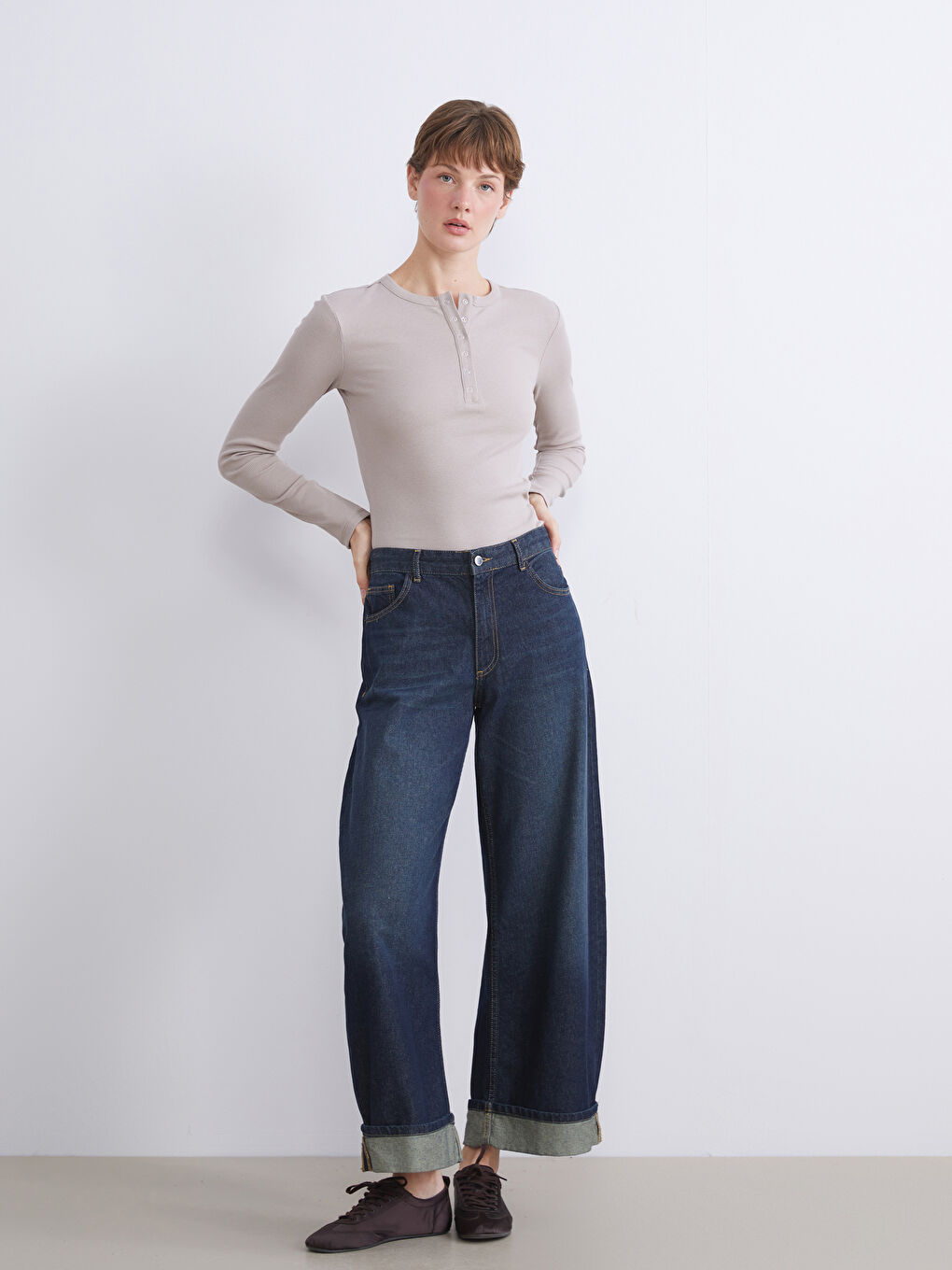 Bej Bisiklet Yaka Kadın Body-2