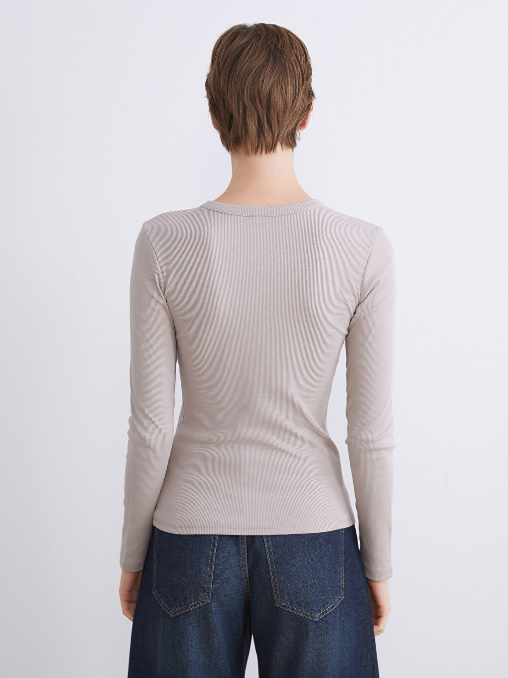 Bej Bisiklet Yaka Kadın Body-4