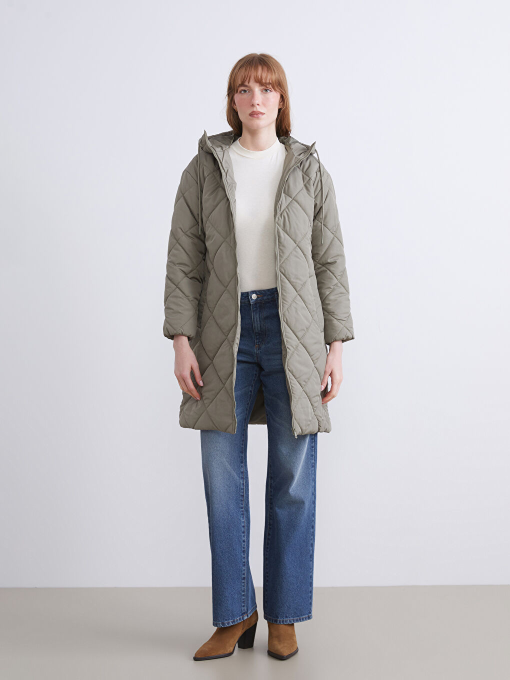 Haki Kapüşonlu Kapitone Kadın Şişme Mont-2