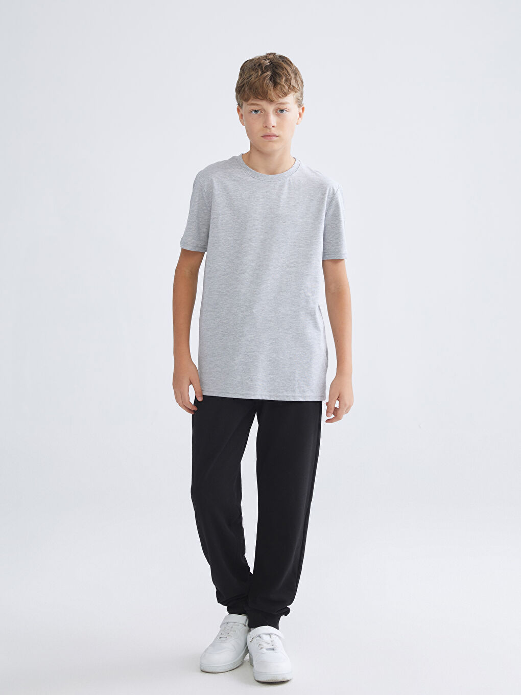 Gri Bisiklet Yaka Basic Erkek Çocuk Tişört-1
