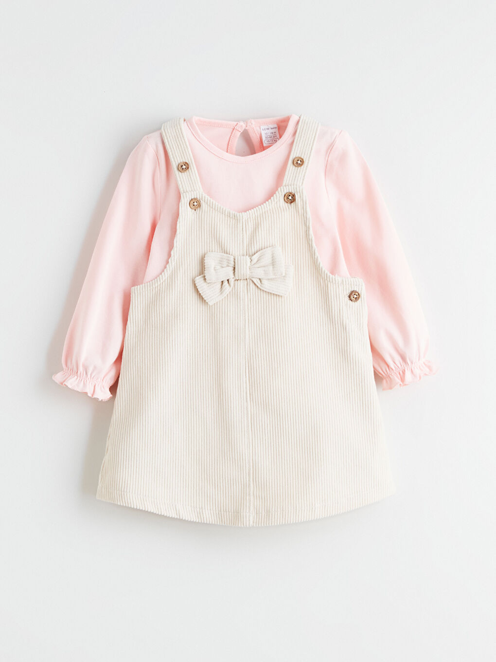 Bej Fiyonk Detaylı Kadife Kız Bebek Salopet Elbise ve Tişört