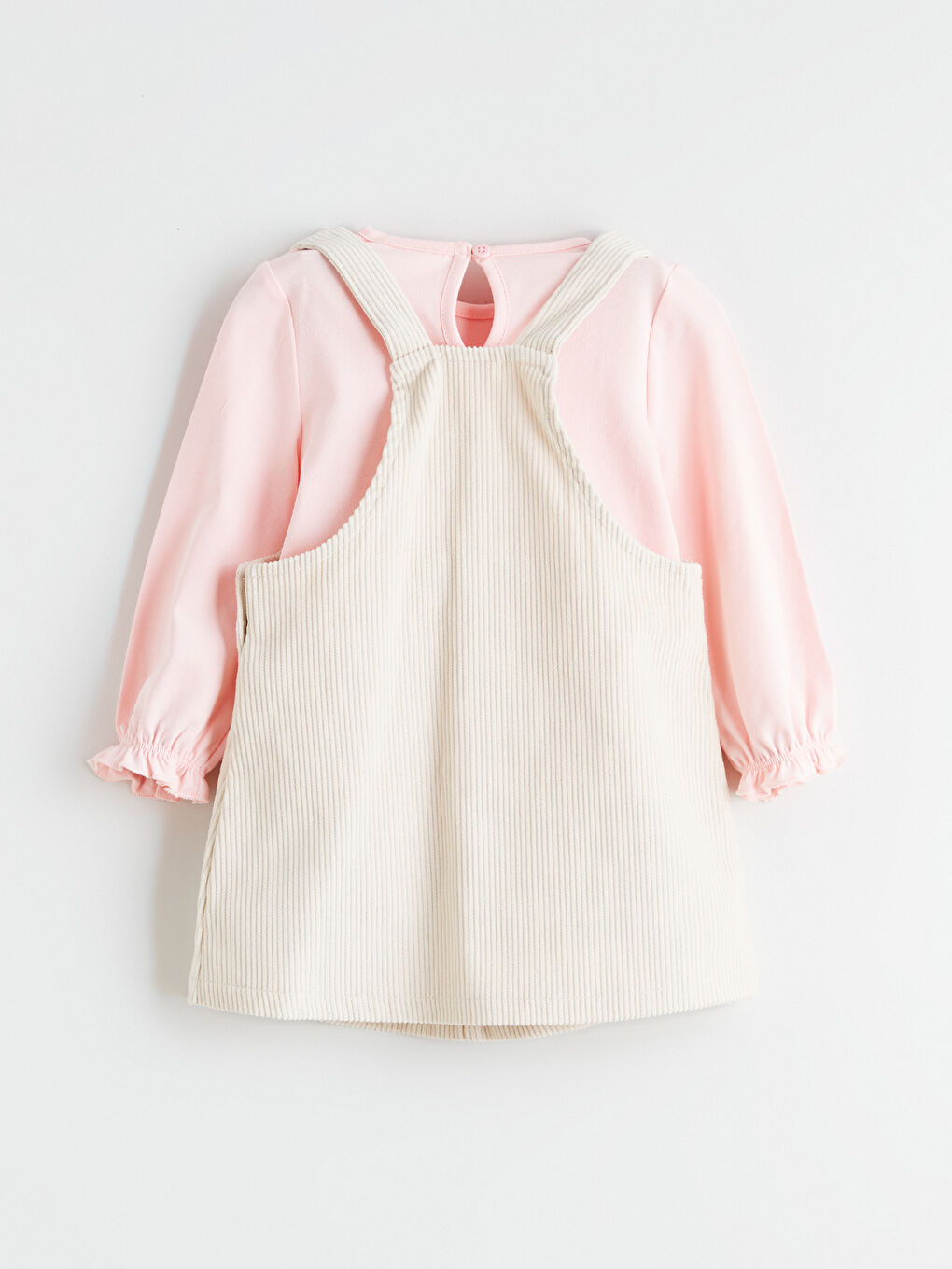 Bej Fiyonk Detaylı Kadife Kız Bebek Salopet Elbise ve Tişört-2