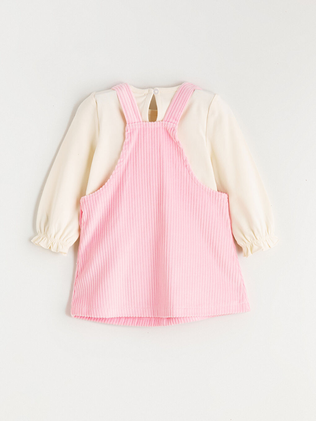 Pembe Fiyonk Detaylı Kadife Kız Bebek Salopet Elbise ve Tişört-2