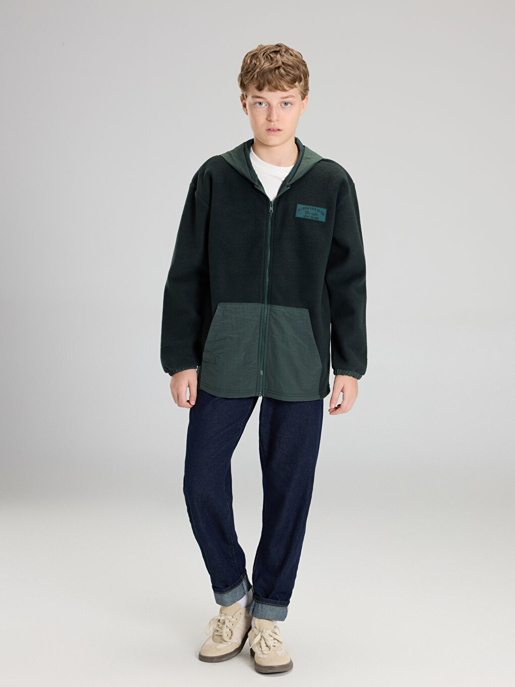 Yeşil Kapüşonlu Erkek Çocuk Polar Fermuarlı Sweatshirt-1