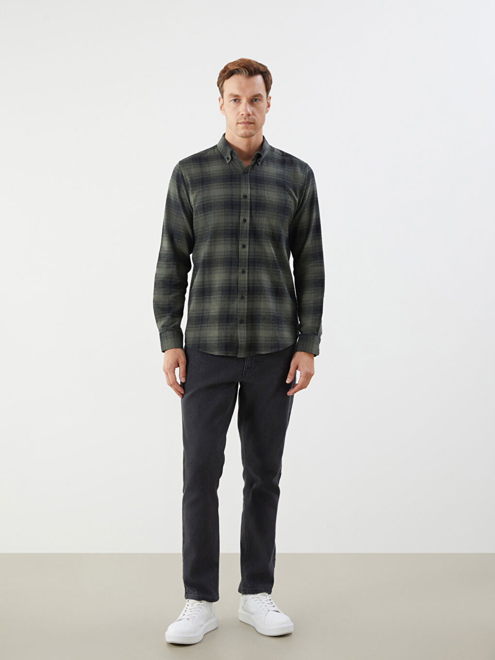 Regular Fit Long Sleeve Plaid Poplin Men's Shirt-2