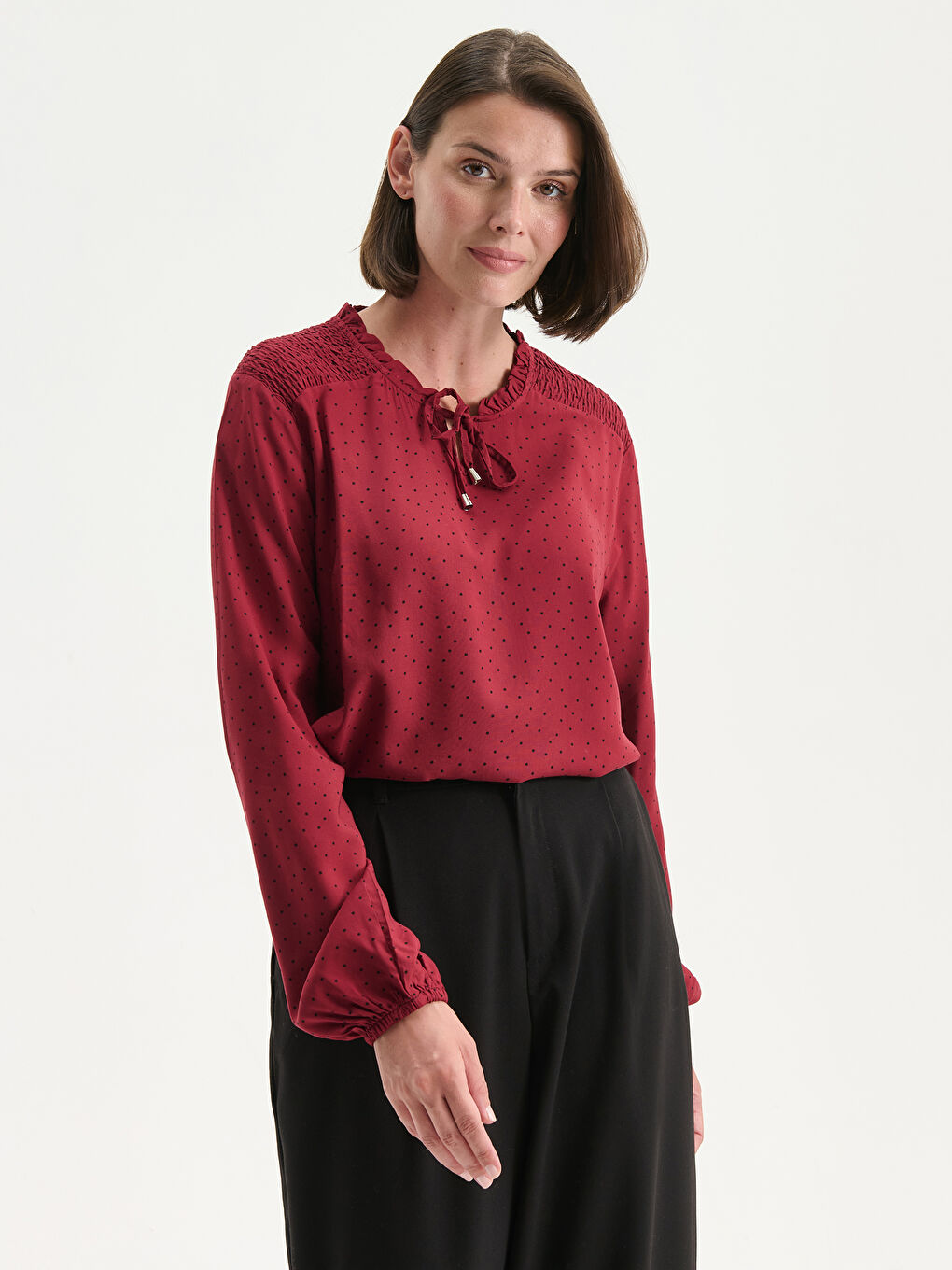 LCW Grace Tie Neck Patterned Blouse -W59659Z8-LQW