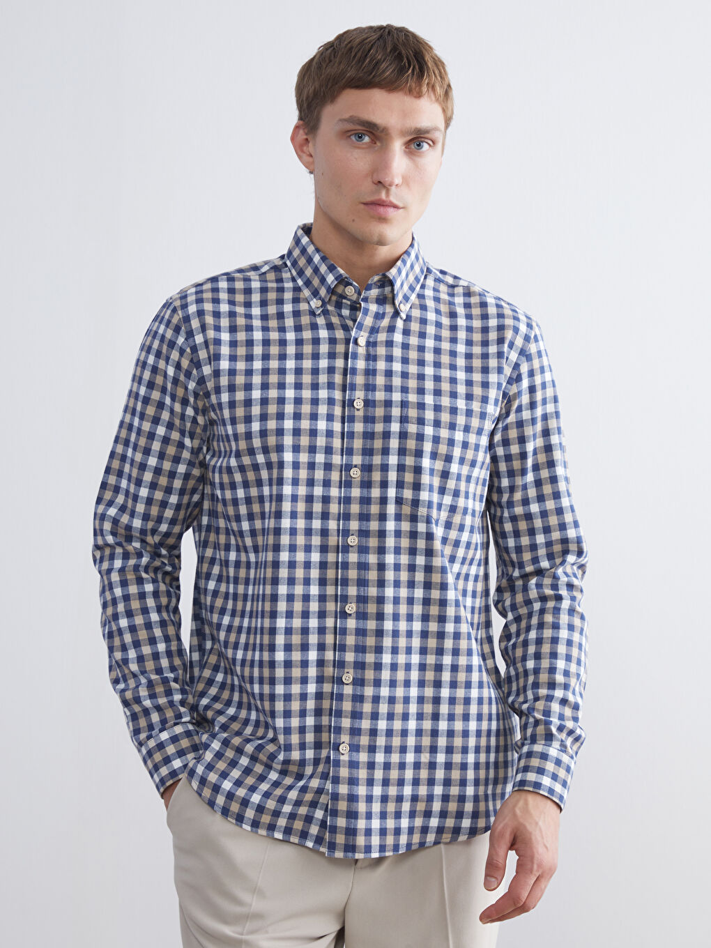 Regular Fit Long Sleeve Plaid Gabardine Men's Shirt