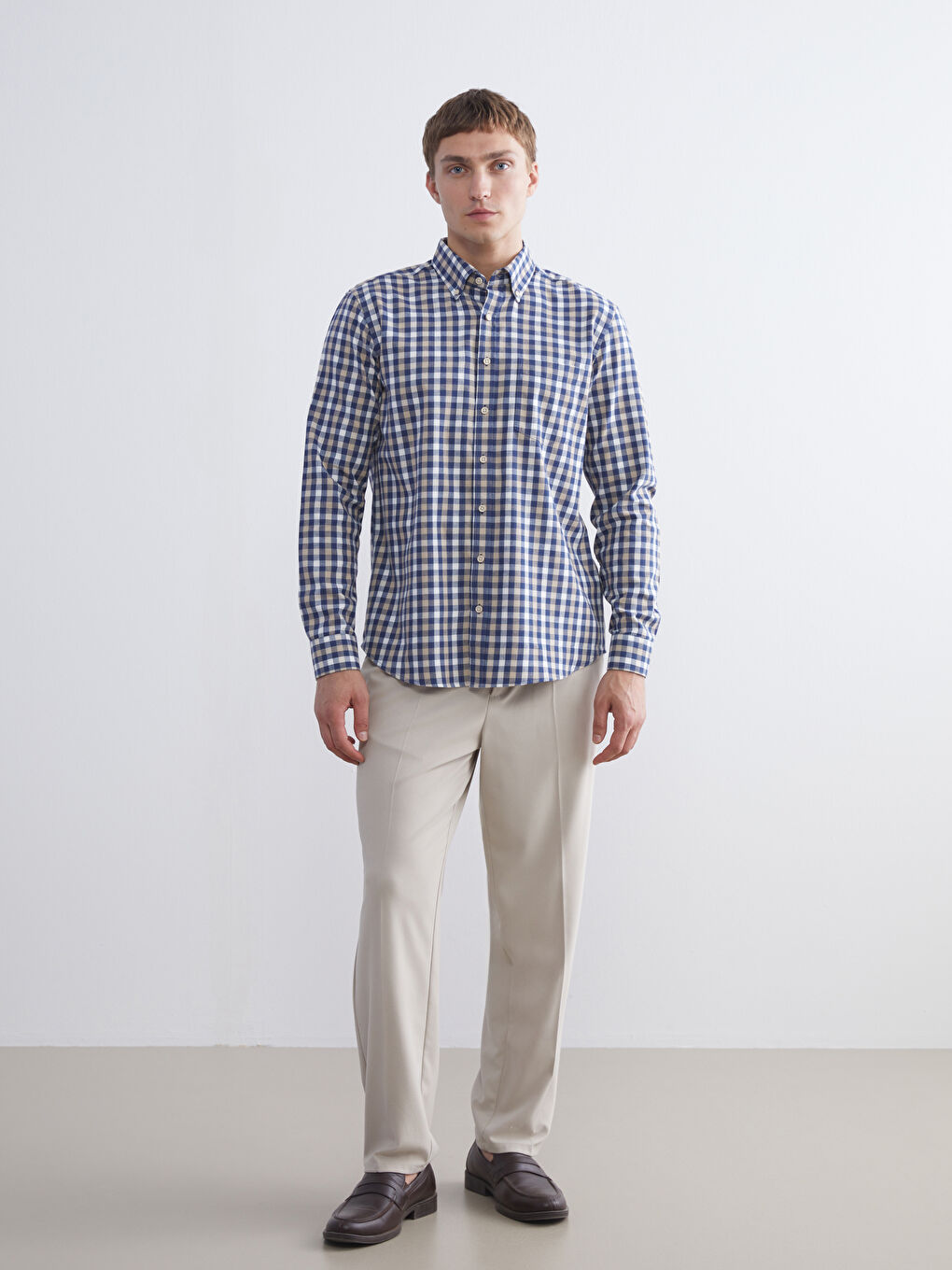 Regular Fit Long Sleeve Plaid Gabardine Men's Shirt-1