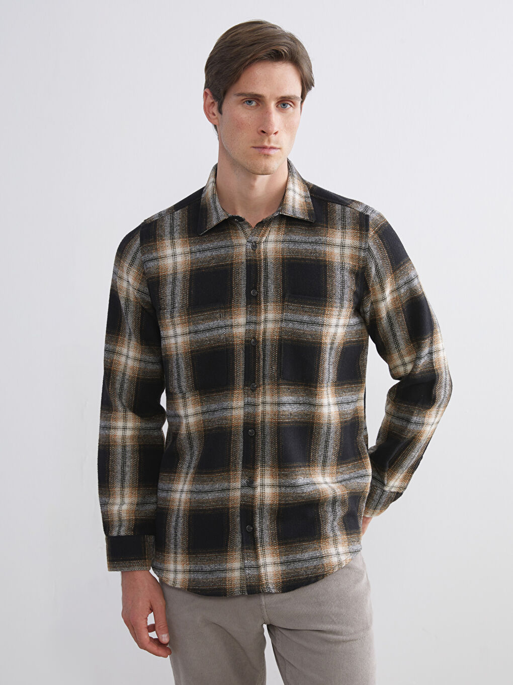 Sarı Regular Fit Ekose Gabardin Erkek Gömlek